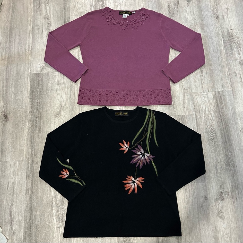 Lot Of 2 Gizel WOOL Blend Sweater Embroidered Floral Womens L XL Cottagecore